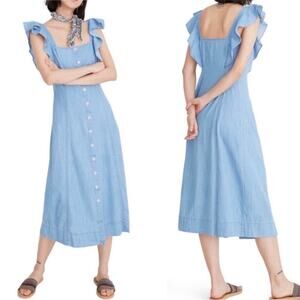 Madewell Denim Princess Seam Ruffle Sleeve Midi Dress - size 00